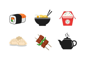Asian Food Icon Set: Sushi Roll, Ramen Noodles in a Black Bowl, Red Takeout Rice Box, Dumplings, Meat Skewers with Chili, and a Black Teapot 