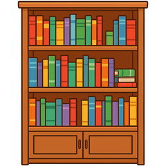 Traditional wooden bookcase filled with rows of colorful books on shelves and storage cabinets below