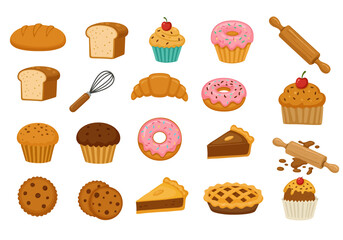 Assortment of Dessert and Bread Icons: Donut, Muffin Cake, Pie, Cookies, and Rolling Pin