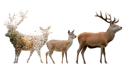 Fototapeta premium Evolving Deer Lineage: A captivating depiction of deer evolution, from a fragmented artistic expression to a fully formed majestic stag, showing the progression of nature.