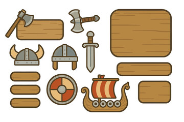 Viking warrior equipment set with horned helmet, axes, sword, shield, longship, and wooden banners