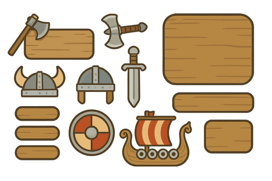 Viking warrior equipment set with horned helmet, axes, sword, shield, longship, and wooden banners