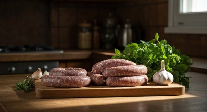 Raw sausages, garlic and herbs on a wooden board in a kitchen setting