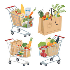 Retail Grocery Collection: Shopping Carts and Bags with Fresh Food Items. Supermarket Consumer Goods Illustration. on transparent background