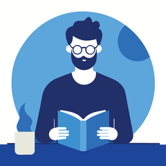 Man Reading Book Vector Illustration, Modern Blue Flat Design, Education Concept, Isolated on White Background