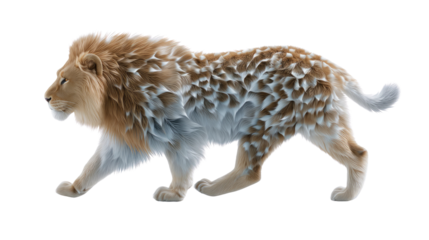 Majestic Lion in Motion: A powerful lion with its striking mane strides with regal confidence. Capturing the essence of its strength and grace.
