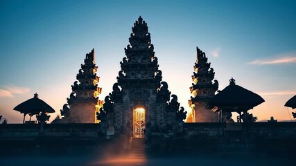 Majestic Ancient Temple Silhouette Against Vibrant Sunset Sky, Golden Light Through Gate, Evoking Peace and Spiritual Travel - Powered by Adobe