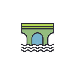 Vector bridge above flowing water representing river levels, flood risk monitoring, infrastructure weather impact, or hydrology-related environmental illustrations.