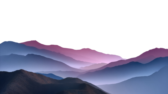 Serene Mountainscape: Softly layered mountains stretch into the horizon, colored in hues of blues and purples, enveloped by a gentle mist, a testament to the quiet majesty of nature.