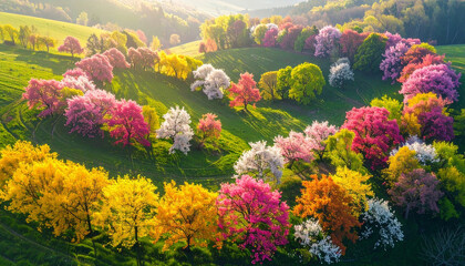 Colorful blooming trees form curved pattern on lush green hillside, vibrant spring landscape with soft sunlight, cheerful and serene atmosphere, aerial view