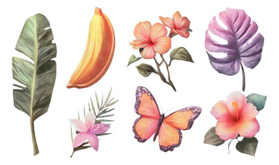 Vibrant Tropical Elements with Leaves, Flowers, and Butterflies on Transparent Background