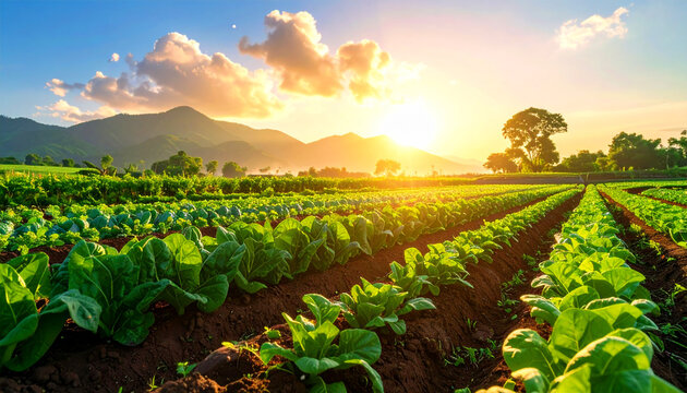 A vibrant organic farm field growing a variety of mixed fresh vegetables