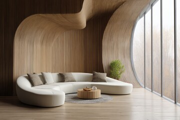 Modern curved sofa in a room with natural wood and a large window.