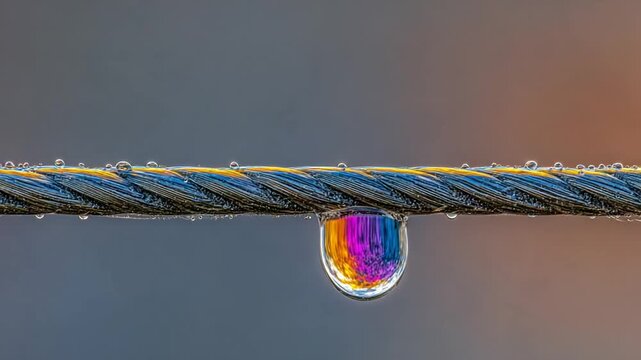 Close up of a water droplet reflecting rainbow colors on a rope against a blurred background