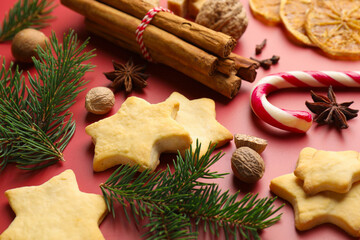 Christmas composition with cookies in shape of stars, spices and fir tree branches on red background, closeup
