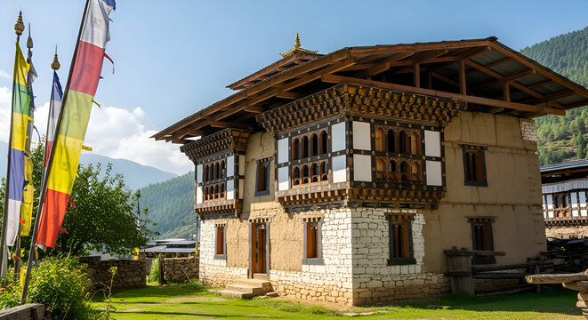 Traditional Bhutanese Farmhouse with Prayer Flags in Himalayan Valley