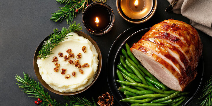 Glazed baked ham being carefully sliced and presented alongside velvety mashed potatoes and tender steamed green beans, all on a sleek table setting for a joyous holiday dinner gathering