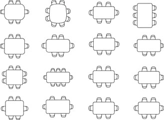Top view office table layout, meeting room furniture arrangement, conference seating plan, workspace interior design, business teamwork concept, modern office design illustration, collaboration space