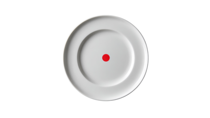 Minimalist Plate: A pristine, circular plate with a subtle, raised rim, adorned with a single, vivid red dot at its center, embodying simplicity and balance.