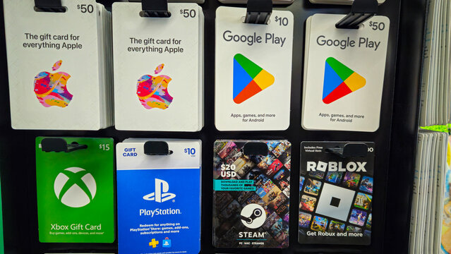 Various gift cards, including those for Apple, Google Play, Xbox, PlayStation, Steam, and Roblox, with different values on October 21, 2025.