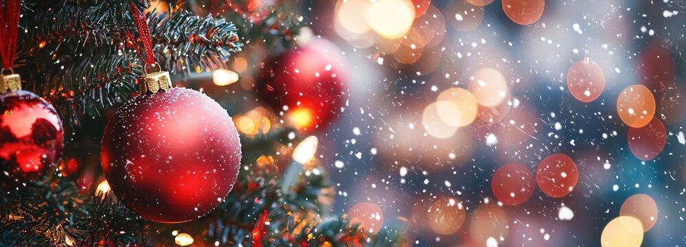 Close-up of red Christmas ornaments with snow on pine branches and glowing lights in soft bokeh background, perfect for festive cards, winter marketing, and holiday advertisements