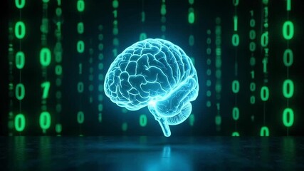 Dynamic glowing brain animation with binary code falling in background for tech, science, and education projects with futuristic feel - Powered by Adobe