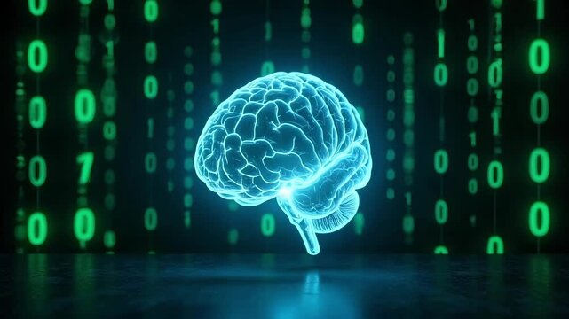 Dynamic glowing brain animation with binary code falling in background for tech, science, and education projects with futuristic feel