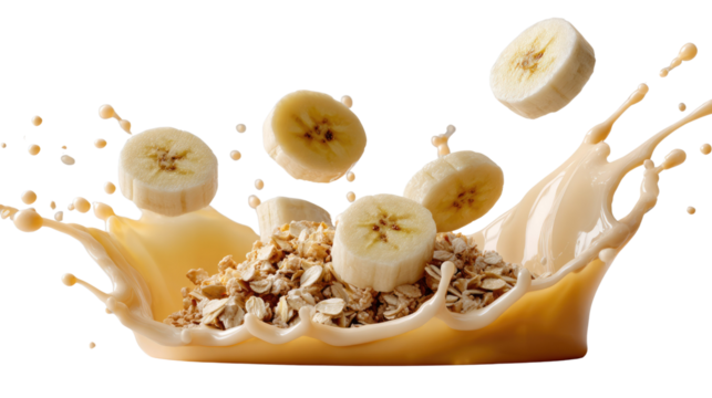 Banana Oatmeal Splash: A vibrant splash showcases the delicious synergy of fresh bananas and wholesome oatmeal, forming a tempting visual symphony of taste and health.