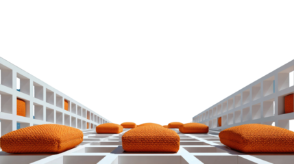 Modern Orange Cushions in Architecture: Low angle view, a contemporary architectural design featuring a series of rectangular orange cushions, offering both visual appeal and a welcoming.