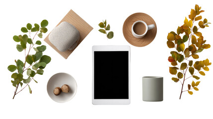 Minimalist Workspace: A top-down view of a minimalist workspace, a tablet at the center, surrounded by elements of nature, a coffee mug.  A perfect blend of technology and the calm of nature.