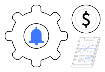 Gear with notification bell in center, dollar sign, and chart outline growth, alerts, process optimization. Ideal for economy, finance, productivity data reporting automation success. Minimal