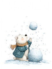 Playful polar bear enjoys snowball fun on a winter day in a snowy landscape, Christmas background