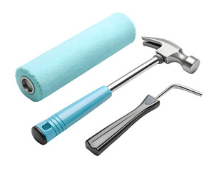 Paint roller hammer and caulking tool resting on a dark surface for home improvement projects