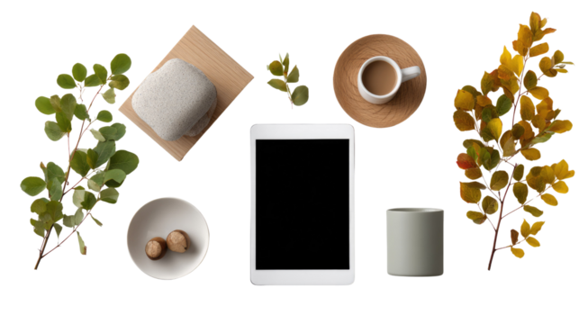 Minimalist Workspace: A top-down view of a minimalist workspace, a tablet at the center, surrounded by elements of nature, a coffee mug.  A perfect blend of technology and the calm of nature.