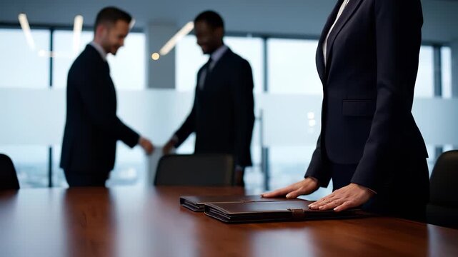 Businesswoman places laptop folder on table. Executive in suit prepares for meeting in office. Corporate negotiation underway with documents implying agreement. Confident posture suggests leadership.