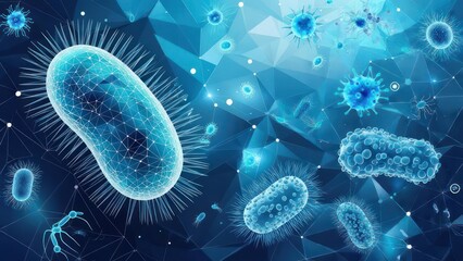 Abstract microscopic organisms,  rendered in a blue-toned polygonal style.  Various bacteria and viruses are depicted, appearing detailed and complex