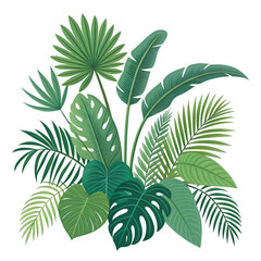 Green Tropical Leaves Illustration. Exotic Jungle Foliage Arrangement. Botanical Plant Collection. on transparent background