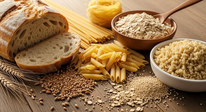 Various grains and baked goods on wooden surface
