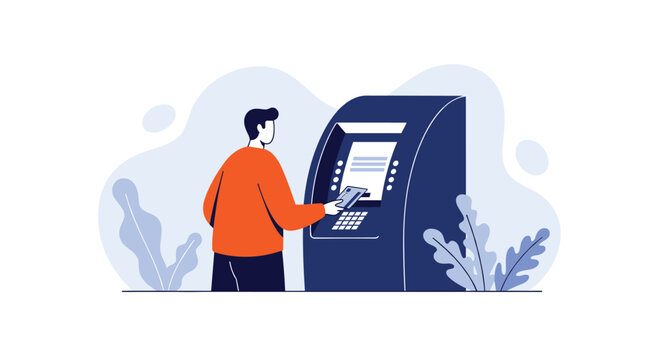Man using ATM machine to withdraw cash or check balance, financial concept with modern design elements and business illustrations