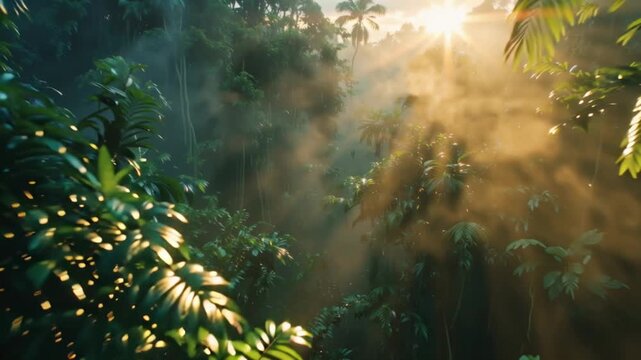 Sunbeams pierce lush jungle canopy creating an ethereal, misty atmosphere in this breathtaking natural landscape