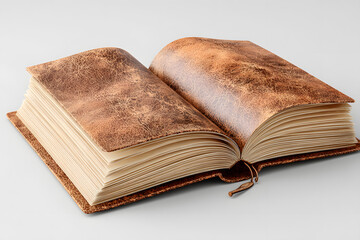 Open leather-bound journal with blank pages on white background. Handmade notebook for writing, sketching and creative planning