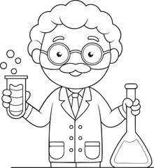 Curly haired scientist character holding test tube and flask ready for scientific discovery