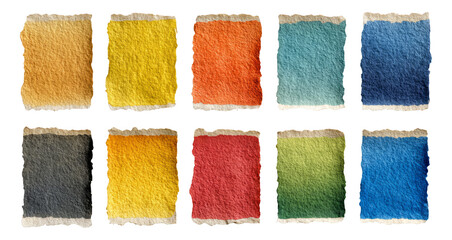 Fototapeta premium Textured Paper Squares in Various Colors with Torn Edges Isolated on White Background