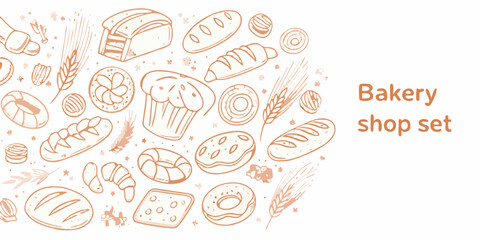 Hand drawn bakery shop set featuring assorted baked goods and wheat stalks in sketchy style
