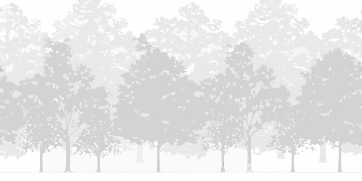 Monochromatic gradient of deciduous trees in a forest silhouette against a white background