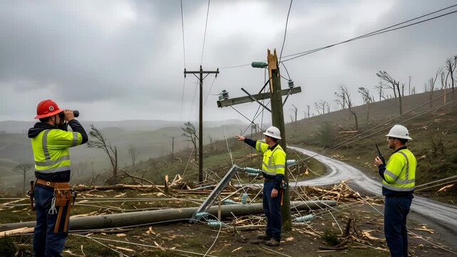Dynamic utility crew assess storm damage to power lines in rural landscape after devastating weather event - urgent repair work needed