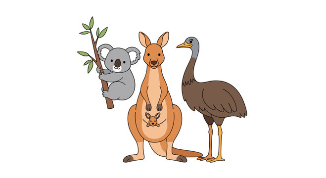 Adorable cartoon koala, kangaroo with joey, and emu representing Australian wildlife on a white background, perfect for educational content