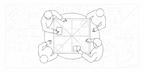 Four people gathered around a table playing a board game with cards and tokens from a top down perspective