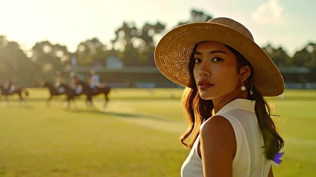 Elegant Woman at Polo Match A Stylish Portrait with a Sunset Backdrop