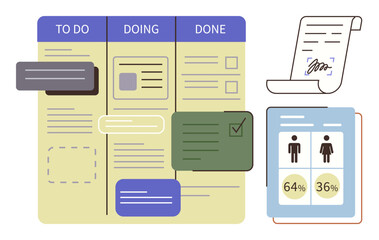 Kanban board with To Do, Doing, Done columns, task cards, progress percentages, signed contract. Ideal for productivity, project management, planning teamwork workflow metrics simple flat © robu_s